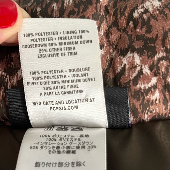 Patagonia Brown Paisley Hooded Down Puffer Vest Zip Up Women’s Size Large - Picture 8 of 10